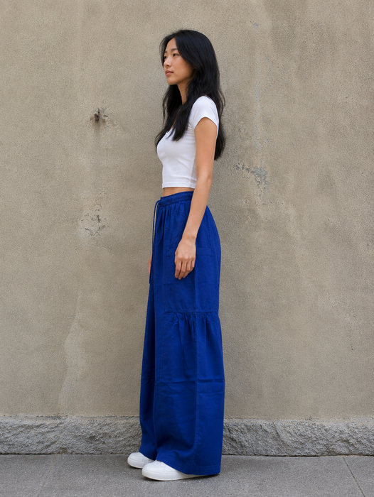 Pantalone a gamba larga con coulisse in vita Blu