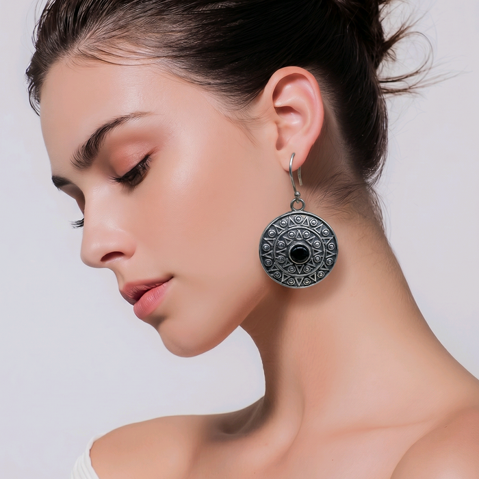 Tibetan silver earrings with black tourmaline