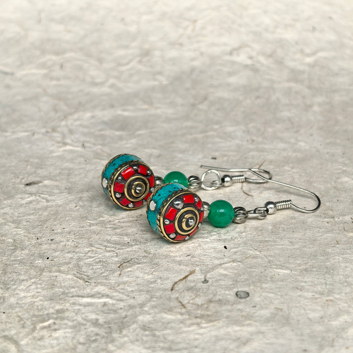Handcrafted Tibetan Earrings with Green Agate Beads